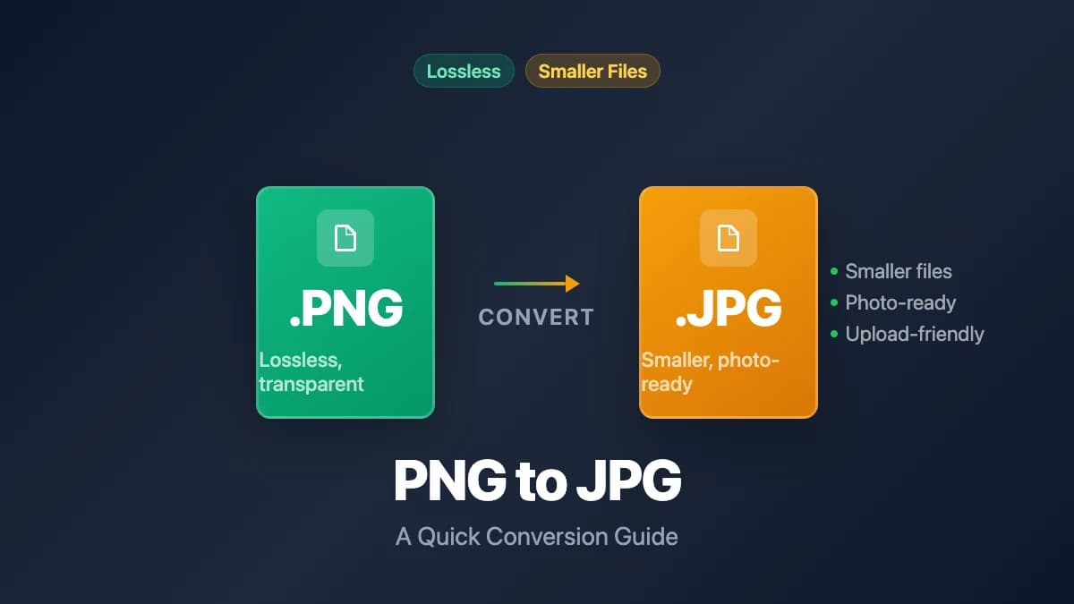 Illustration of PNG to JPG format conversion — a lossless file becoming a smaller, universally shareable photograph