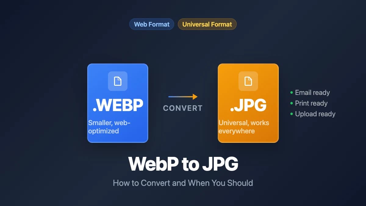 Illustration showing WebP to JPG conversion — a modern web format transformed into a universally compatible image file