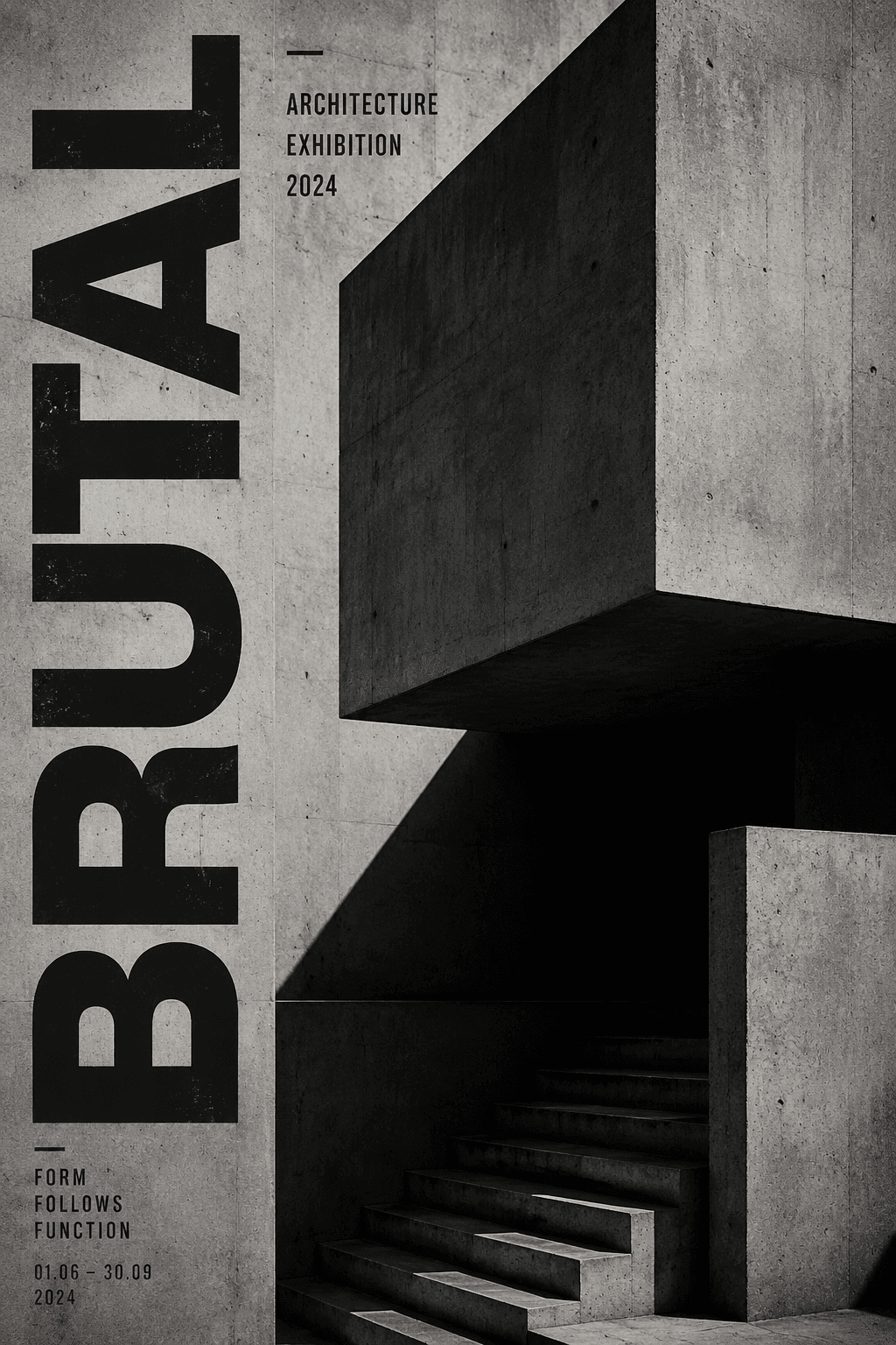 Póster vertical neobrutalista con hormigón visto, geometría marcada y sombras profundas | poster.sh