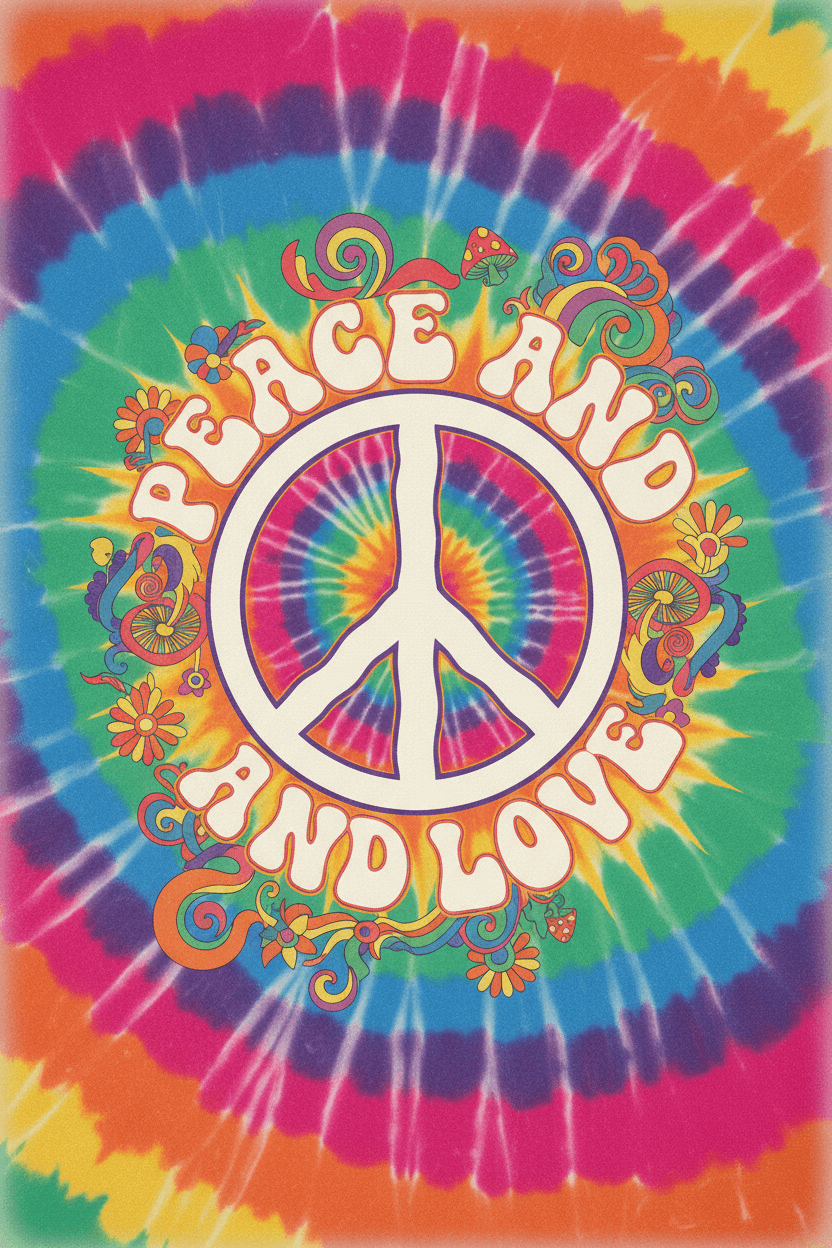 嬉皮数码艺术竖版海报：鲜艳扎染彩虹螺旋背景，中央大号白色和平标志，适用于线上营销与社媒，可打印与可编辑（PSD/PNG），适合音乐节海报或家居装饰 | poster.sh