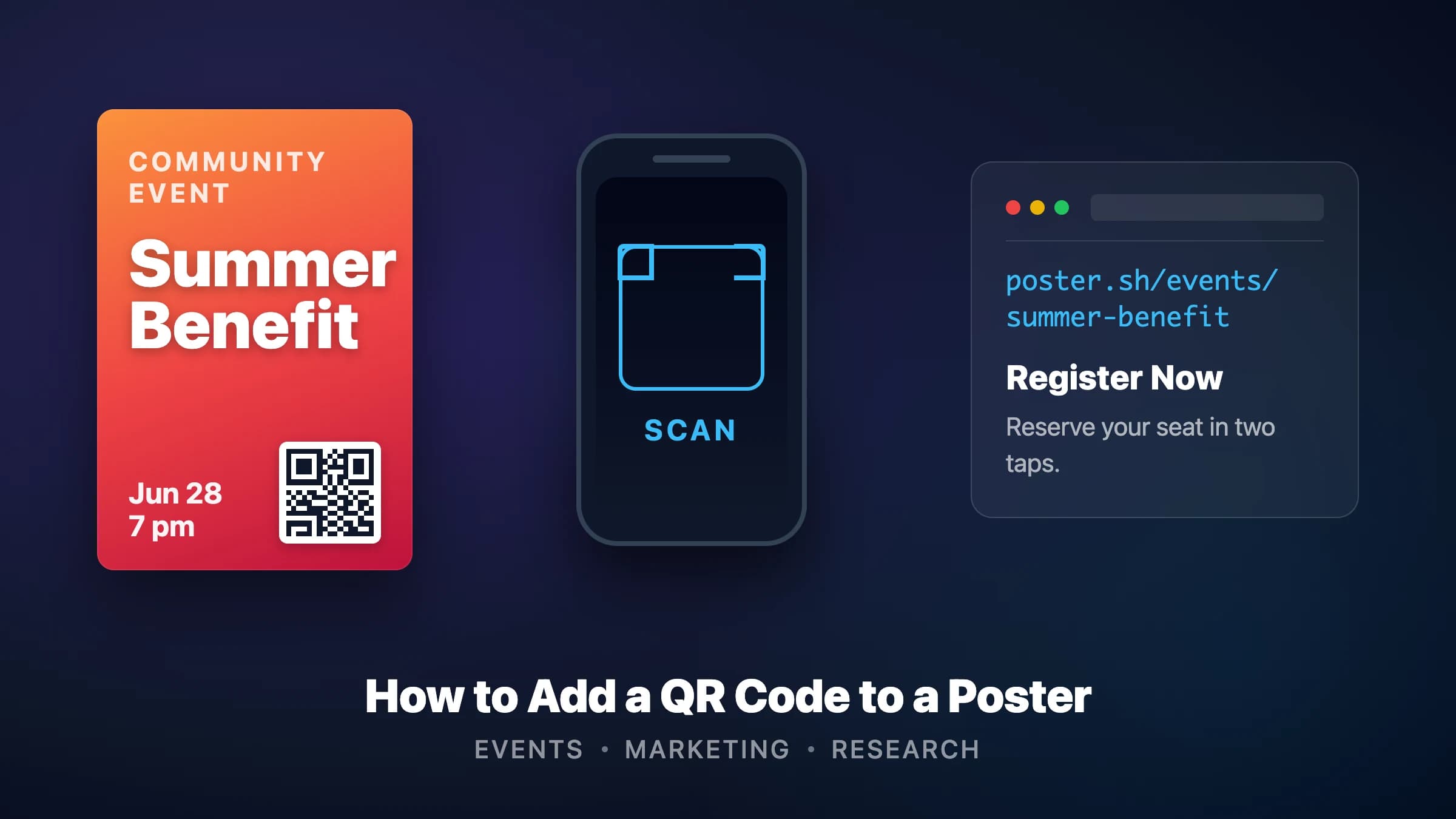 Illustration of a phone scanning a QR code on a printed event poster, with the scanned URL floating out as a link
