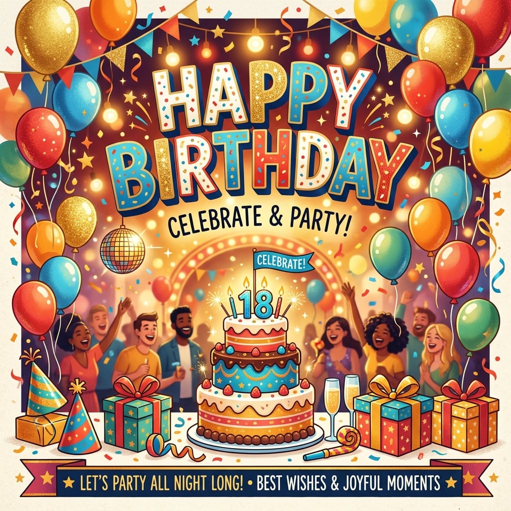 简洁现代彩色生日海报:粗体“HAPPY BIRTHDAY”、气球、五彩纸屑与派对元素,金红蓝暖色调、节日氛围、可编辑模板 | poster.sh