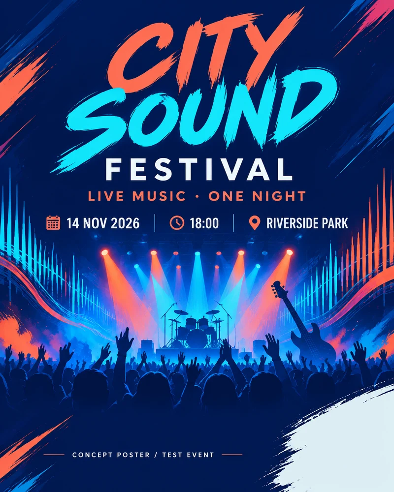 Cartel CITY SOUND FESTIVAL original con letras naranja y cian, escenario y público