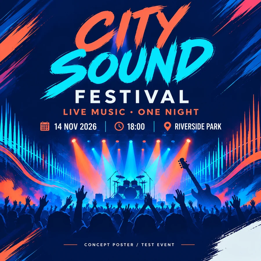 Resultado cuadrado real con IA que conserva CITY SOUND, los datos del evento y el escenario